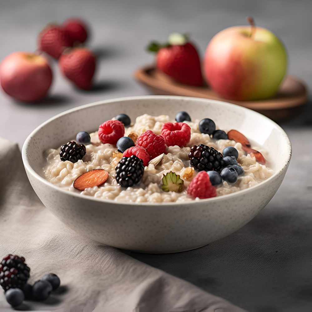 Heart healthy oatmeal paired with berries and almonds makes for a delicious breakfast full of fiber.