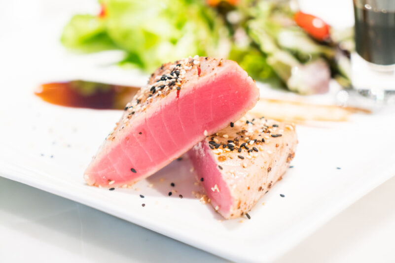 Delicious, lightly seared mahi tuna with a light green salad